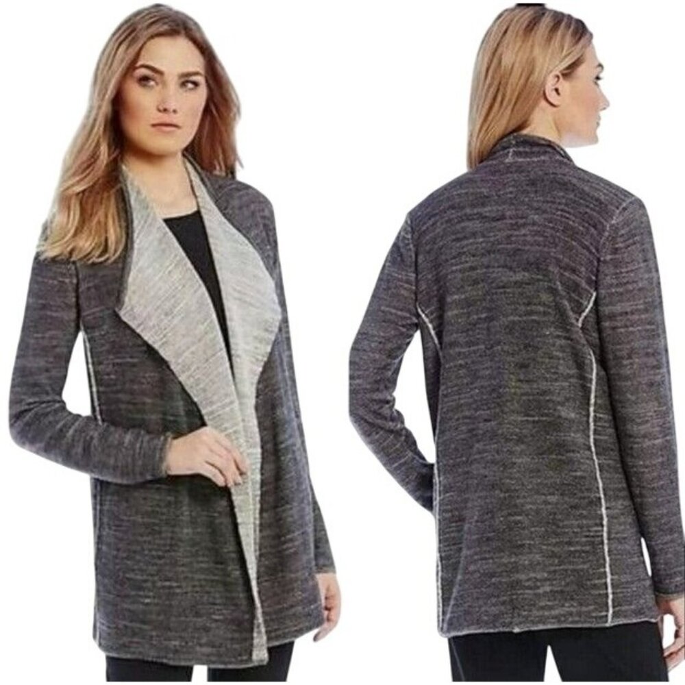 Eileen Fisher Gray Marled Open-Front Cardigan with Light Gray Shawl Collar